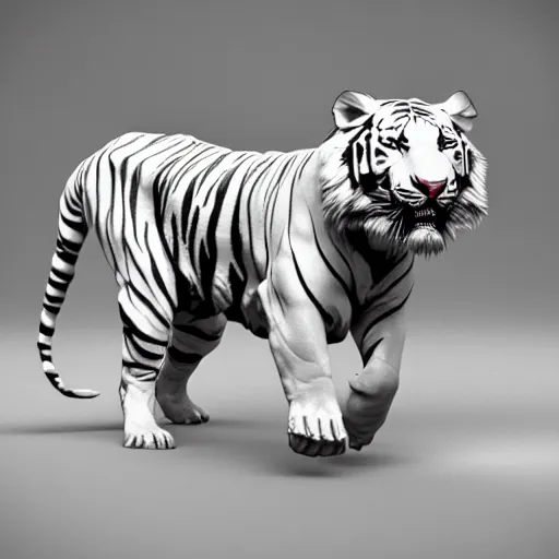 Image similar to a low - poly render of an all white tiger with no stripes in a dynamic action pose dwelling in the spirit realm, low poly 3 d, octane render, dramatic dreamlike lighting, all white render, no textures, angular energetic background elements, angular dynamic white rock floor, artgerm, unreal