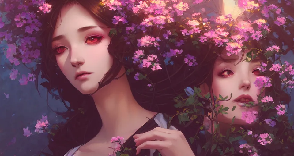 Prompt: a girl clothed in flowers behind a steampunk city, night setting. realistic shaded lighting poster by ilya kuvshinov katsuhiro, magali villeneuve, artgerm, jeremy lipkin and michael garmash, rob rey and kentaro miura style, trending on art station