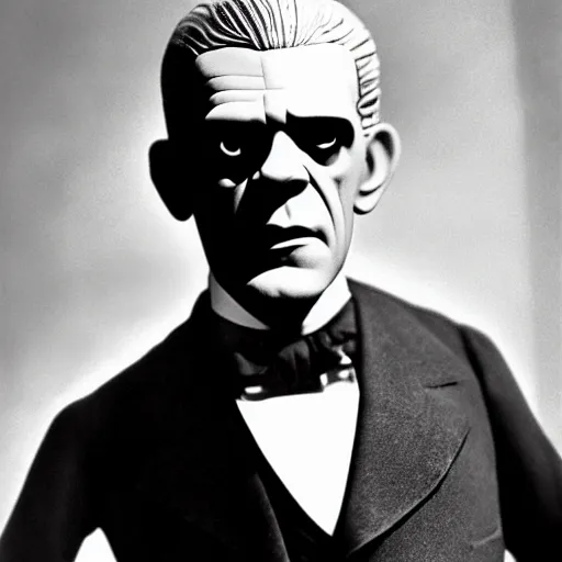 Image similar to boris karloff as frankenstein, dressed in a thirties suit and bowtie