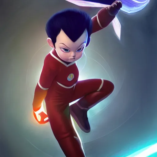 Image similar to portrait of Astroboy, centered full body pose, zenith angle, shadowy area, dramatic lighting, concept art, digital painting, Unreal Engine 5, 8K, art by artgerm and Greg Rutkowski and Alphonse Mucha