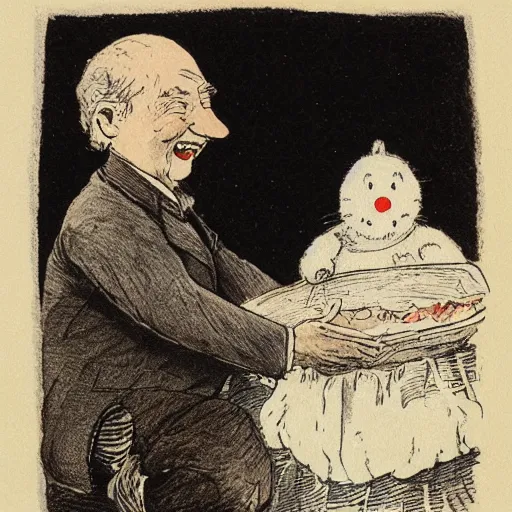 Prompt: candid portrait of white ball with a human face smiling wide, surrounded by clouds, illustrated by peggy fortnum and beatrix potter and sir john tenniel