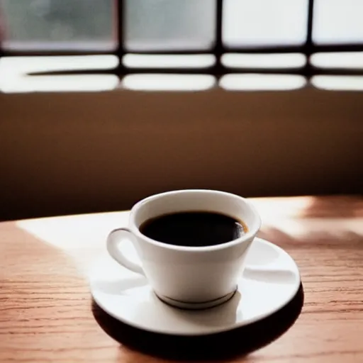 Image similar to A white cup filled with creamy coffee on a wooden table beside a window at sunrise