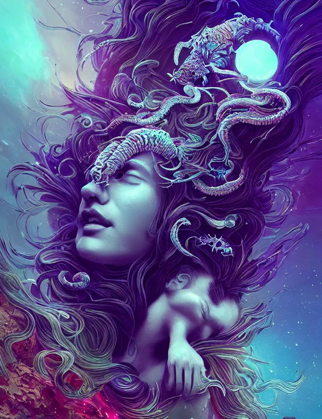 Image similar to goddess macro shouler portrait from bottom to top in crown made of ram skull. betta fish, jellyfish phoenix, bioluminiscent, plasma, ice, water, wind, creature, super intricate ornaments artwork by tooth wu and wlop and alena aenami and greg rutkowski