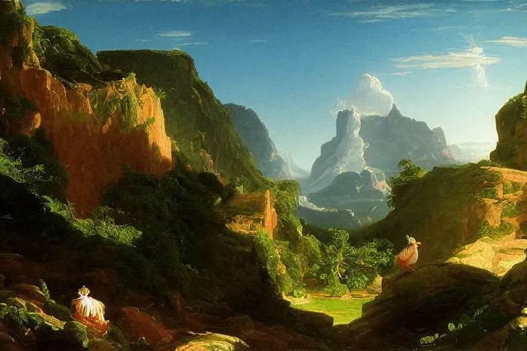 Image similar to there is another world very close to ours that we don't perceive directly, but they do interact sometimes. painting by thomas cole ( 1 8 3 3 )