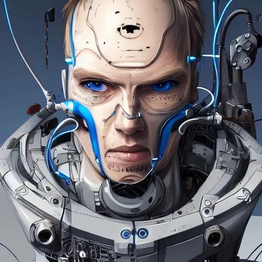 Image similar to Male cyborg, battle-damaged, scarred, wearing facemask, youthful face, neutral expression, blue eyes, neutral background, headshot, sci-fi, wires, cables, gadgets, Digital art, detailed, anime, artist Katsuhiro Otomo