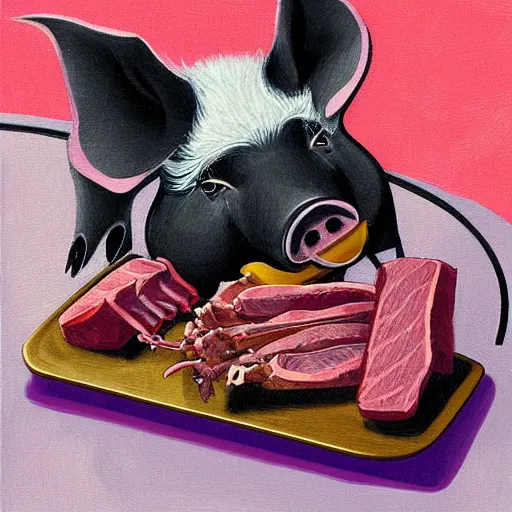 Image similar to A pig eating pork ribs, digital art