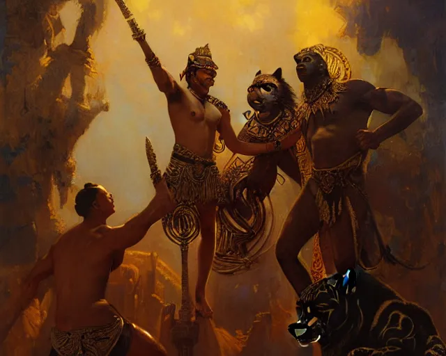 Image similar to attractive male aztec deity, casting aztec magic, summoning handsome panther night star. highly detailed painting by gaston bussiere, craig mullins, j. c. leyendecker 8 k