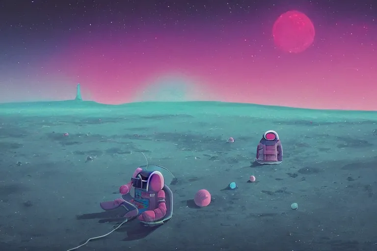 Image similar to astronaut sitting at the beach next to his spaceship on a pink, blue, purple alien planet watching an planet, surreal photography, dark night, stars, planets, moon light, alien vegetation, impressionist painting, clouds, digital painting, artstation, simon stalenhag