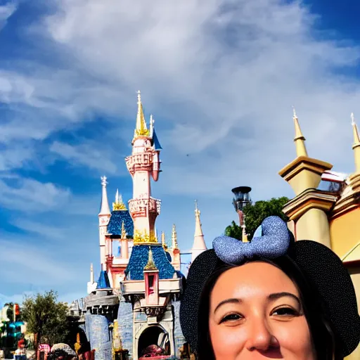 Image similar to high detail selfie by a woman wearing mickey mouse ears, disneyland castle in background, taken on iphone