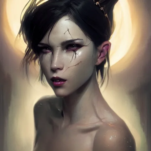 Prompt: A fancy portrait of an attractive succubus by Greg Rutkowski, Sung Choi, Mitchell Mohrhauser, Maciej Kuciara, Johnson Ting, Maxim Verehin, Peter Konig, final fantasy, 8k photorealistic, cinematic lighting, HD, high details, dramatic, dark atmosphere, trending on artstation