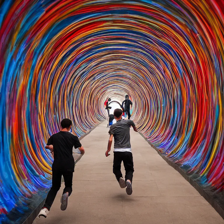 Image similar to terrified young man in a straightjacket running toward you in the Bund Sightseeing Tunnel, Shanghai, China by Alex Grey and Jeffrey Smith