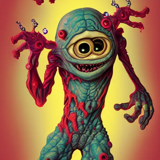 Image similar to Lofi horror, a baby monster with six arms, six arms, monster,chalk, Pixar style, Tristan Eaton, Stanley Artgerm, Tom Bagshaw, Basil Gogos