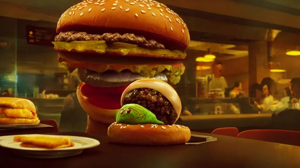 Image similar to the strange cheeseburger creature at the fast food place, film still from the movie directed by denis villeneuve and david cronenberg with art direction by salvador dali and zdzisław beksinski, wide lens