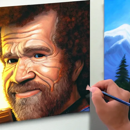 Image similar to a closeup photorealistic photograph of bob ross working on a canvas painting of deadpool. film still. brightly lit scene. mountains and trees. this 4 k hd image is trending on artstation, featured on behance, well - rendered, extra crisp, features intricate detail, epic composition and the style of unreal engine.