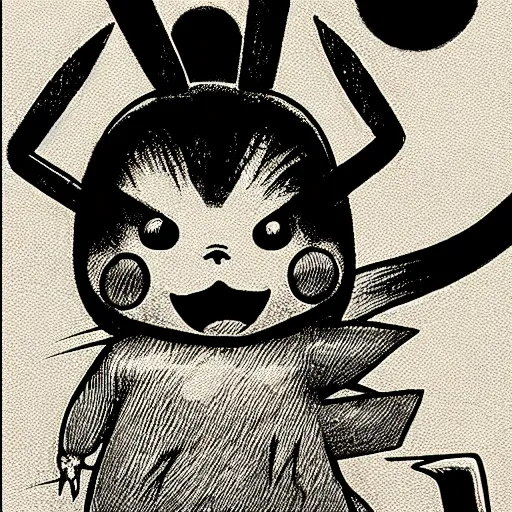 Prompt: junji ito pikachu, horror manga illustration, electric rodent