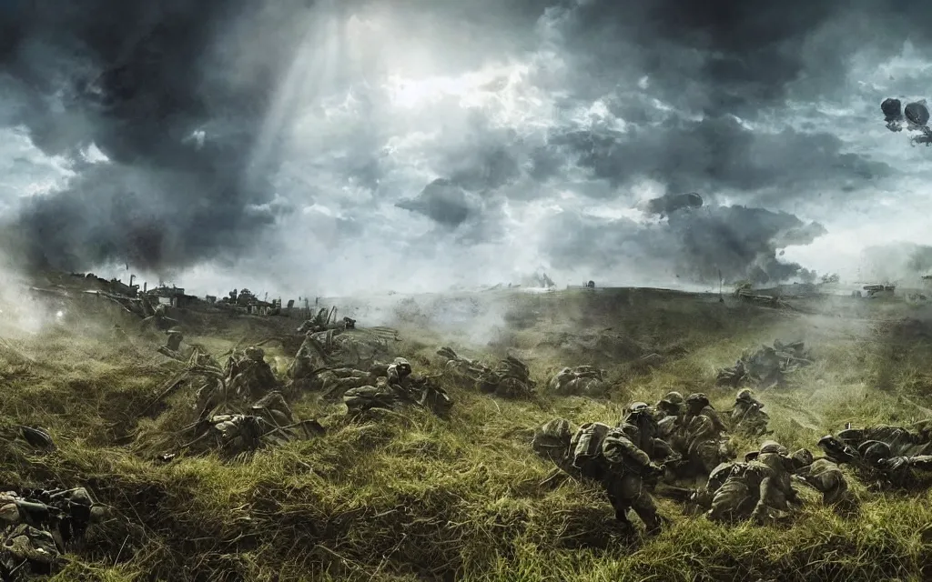 Prompt: fight ww 1, deep trenches with fortifications, natural landscape, green and blue tones, soldiers fighting against aliens from edge of tomorrow, realistic people, ground explosion in the background, alien mothership in the sky, hyper realistic, highly detailed, dramatic lighting, raytarced, god rays, 4 k, 8 k, art by artgem