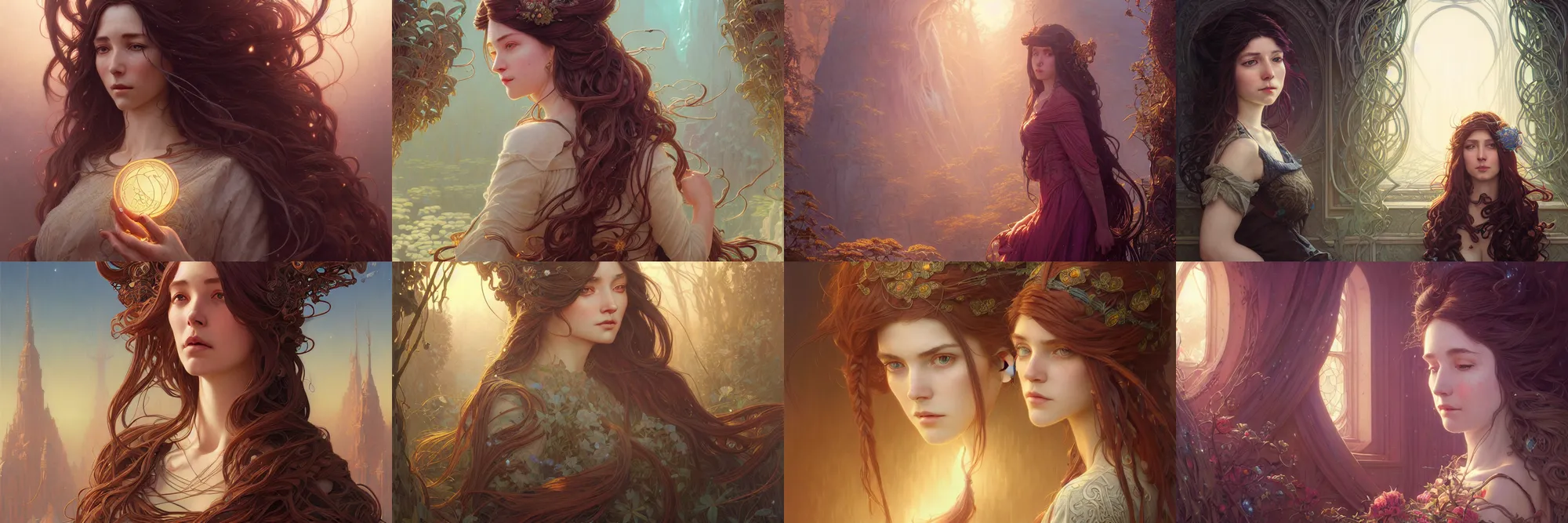 Image similar to highly detailed portrait of a woman with long hairs, stephen bliss, unreal engine, fantasy art by greg rutkowski, art nouveau, loish, rhads, ferdinand knab, makoto shinkai and lois van baarle, ilya kuvshinov, rossdraws, tom bagshaw, alphonse mucha, global illumination, radiant light, detailed and intricate environment