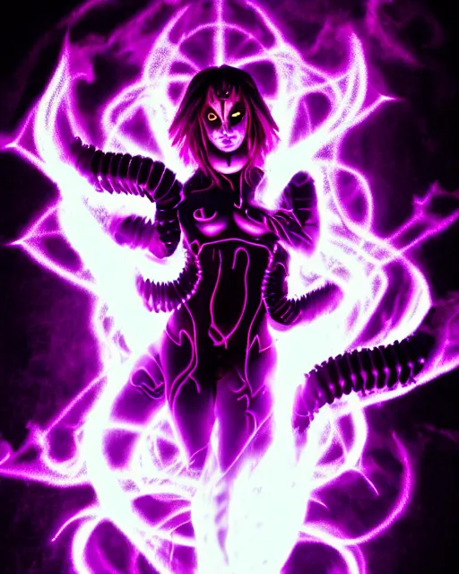 Image similar to pyromancer devil girl cover in purple death flames, deep pyro colors, purple laser lighting, award winning photograph, radiant flares, intricate, various refining methods, micro macro autofocus, evil realm magic painting vibes