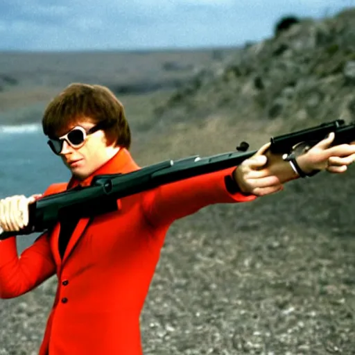 Image similar to austin powers shooting an ak - 4 7, photography, movie,