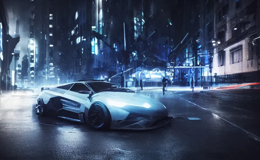 Prompt: a sport car in the streets at night whit blued headlights by Khyzyl Saleem, city landscape, stormy weather, atmospheric, trending artstaion, concept art, sharp focus, high detail, octane render, synth-wave