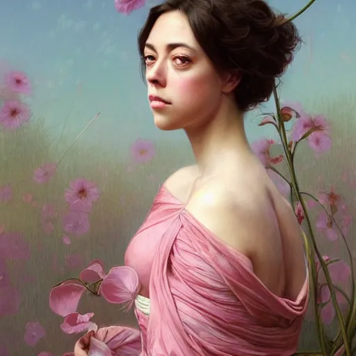 Image similar to pink petals with a ahape of a wonderful aubrey plaza, intricate, elegant, highly detailed, wonderful eyes, sweet, digital painting, artstation, concept art, smooth, sharp focus, illustration, art by artgerm and greg rutkowski and alphonse mucha and william - adolphe bouguereau