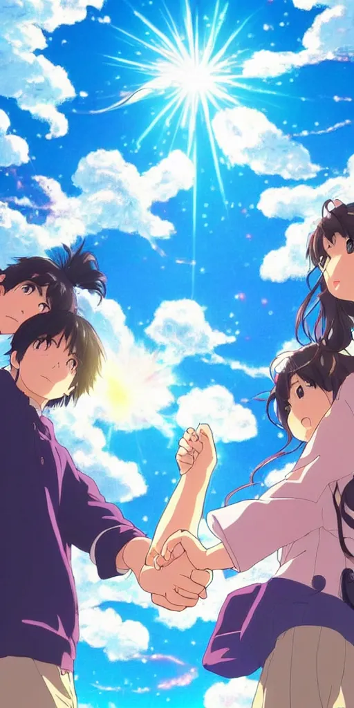 Image similar to a man and a woman holding hands under a beautiful sun drawn like the anime Your Name anime, intricate, psychedelic,