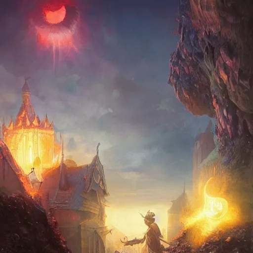 Image similar to wizard casting a powerful spell on a village, beautiful composition, wide angle, colorful, cinematic, volumetric lighting, intricate details painting, by art germ, by greg rutkowski