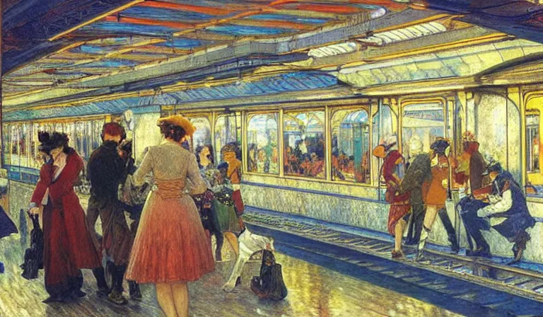 Image similar to A disco train station, by Moebius, Renoir, Mucha