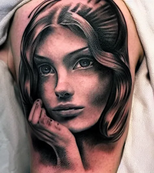 Prompt: tattoo design sketch of a beautiful woman face with a faded background of beautiful mountains and nature on her side, hyper - realistic, in the style of den yakovlev, amazing detail, black and white
