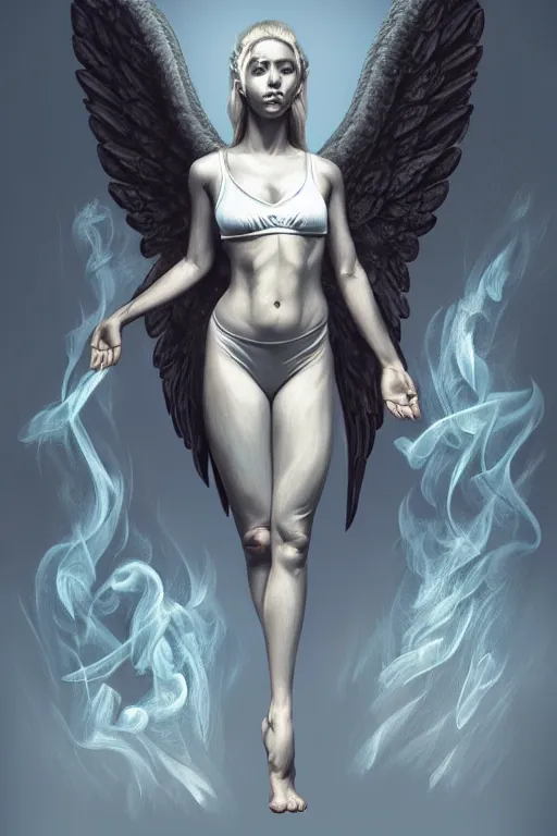 Prompt: Full body potrait of angel doing yoga , angel is split in two with smoke, fantasy, intricate, elegant, highly detailed, digital painting, artstation, concept art, smooth, sharp focus, illustration, art by Ilja Repin