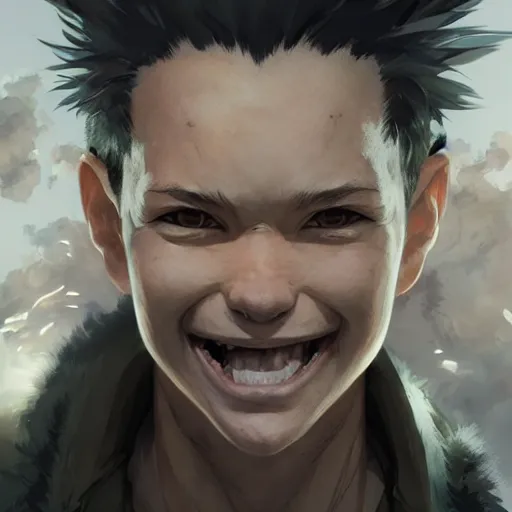 Image similar to realistic portrait of gon freecss, happy and smiling, dramatic lighting, illustration by Greg rutkowski, yoji shinkawa, 4k, digital art, concept art, trending on artstation