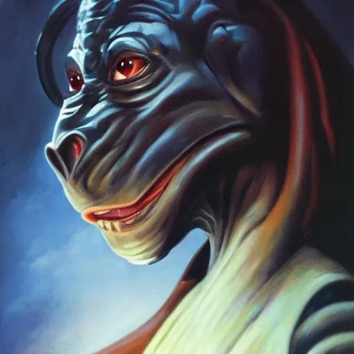 Image similar to ultra realistic portrait painting of jar jar binks as a sith lord, art by frank frazetta, 4 k, ultra realistic, highly detailed, epic lighting