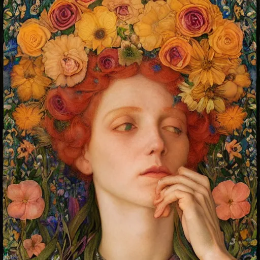 Prompt: queen of flowers, by annie swynnerton and charlie bowater and tino rodriguez and nicholas roerich and jean delville and evelyn de morgan, dramatic lighting, floral tattoos, rich colors, smooth sharp focus, extremely detailed, donato giancola, adolf wolfli