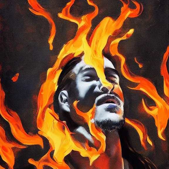 Prompt: abstract painting of man on fire. Handsome. Long hair. portrait. ArtStation. Marco Bucci Rule of thirds. Silouette. Pain.