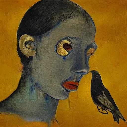 Image similar to A beautiful art installation of a human face with a bird's beak protruding from the forehead. biopunk by Edgar Degas