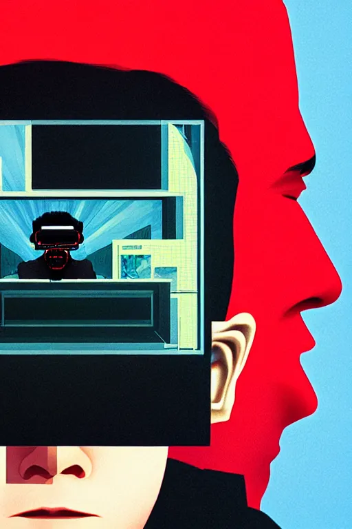 Image similar to north korean hacker wearing oculus and digital glitch head edward hopper and james gilleard zdzislaw beksisnski higly detailed