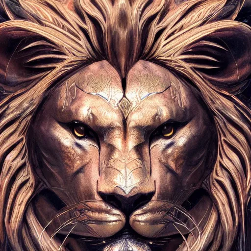 Image similar to Very very very very highly detailed epic photo of face with angry lion venetian mask, intricate, dystopian, sci-fi, extremely detailed, digital painting, artstation, concept art, smooth, sharp focus, illustration, intimidating lighting, incredible art by Artgerm and Vincent di Fate