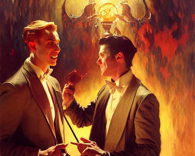 Prompt: attractive magician man, casting dark magic, summoning handsome devil. highly detailed painting by gaston bussiere, craig mullins, j. c. leyendecker 8 k