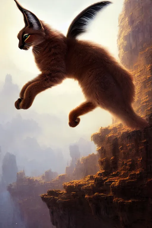 Image similar to giant flying cute fluffy caracal, intricate, elegant, volumetric lighting, scenery, digital painting, highly detailed, artstation, sharp focus, illustration, concept art, luis rollo, ruan jia, steve mccurry, john berkey