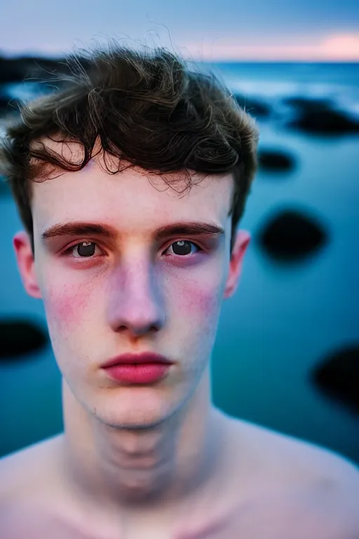 Image similar to high quality pastel coloured film mid angle docu photograph of a beautiful young 2 0 year old male, soft features, short black hair, resting in an icelandic black rock pool environment. atmospheric. three point light. photographic. art directed. ( pastel colours ). volumetric light. clearcoat. waves glitch. 8 k. filmic.