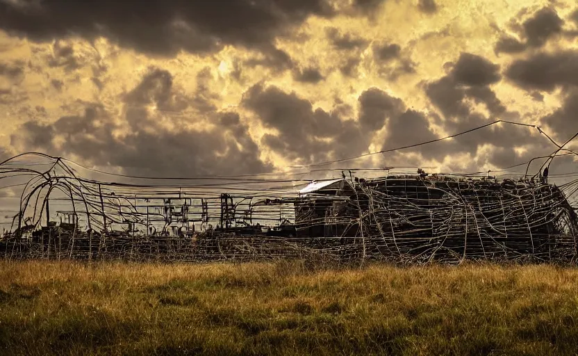 Prompt: an immense retro power generator building with many large wires connecting to it sits abandoned in a grassland near the coast, an airship visible in the sky and attached to the ground with a cable, wires and tubes and conduits everywhere, blinking lights, golden hour, wires on the ground in the foreground, sharp details, cinematic, dramatic clouds in the distance, vines, immense scale, art by simon stalenhag