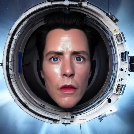 Image similar to hyperrealistic film still of ace ventura peeking through window, spacecraft in space, stunning 3 d render, inspired by istvan sandorfi & greg rutkowski & unreal engine, perfect facial symmetry, dim volumetric cinematic lighting, 8 k octane comprehensive render, extremely hyper - detailed, incredibly lifelike attributes, intricate, real flesh texture, masterpiece, artstation, stunning,