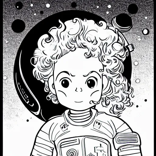 Prompt: clean simple line art of a little girl with wavy curly hair floating in space. she is an astronaut, wearing a space suit. white background. well composed, clean black and white line drawing, beautiful detailed face. illustration by josan gonzalez and steve ditko and greg rutkowski