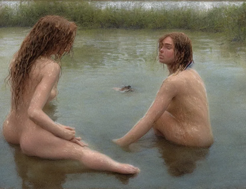 Image similar to peasant with wet hair taking a bath in a lake, back view, cottage core, cinematic focus, polaroid photo bleached vintage pastel colors high - key lighting, soft lights, foggy, by steve hanks, by lisa yuskavage, by serov valentin, by tarkovsky, 8 k render, detailed, oil on canvas