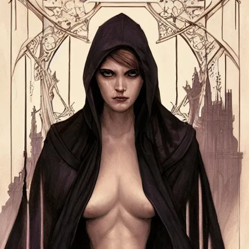 Prompt: dramatic pale rogue in black robes on a ship deck, fantasy, D&D, portrait, piercing stare, highly detailed, digital painting, artstation, concept art, matte, sharp focus, illustration, art by artgerm and greg rutkowski and alphonse mucha