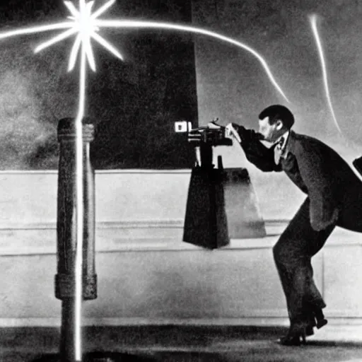 Image similar to UHD candid color photo of Nikola Tesla shooting a laser at Hitler, accurate faces, UHD, photorealistic, correct face, photo by Annie Leibowitz