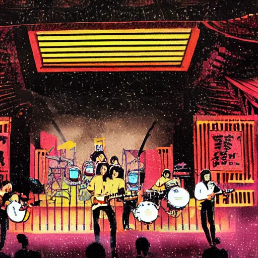 Prompt: The Beatles playing in the Budokan, manga illustration,