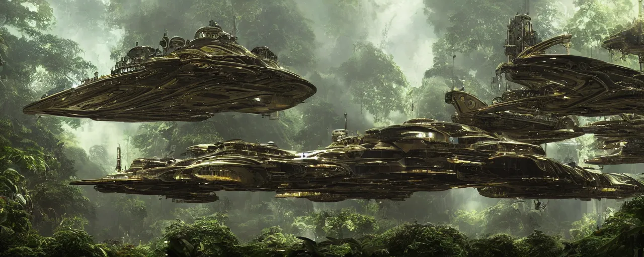 Image similar to a large futuristic scientific flying steampunk battleship elegant, smooth, ornate with gold trimmings, by Craig Mullins and Scott Robertson large steampunk space port inside a lush rainforest background by Dylan Cole and federico pelat cinematic dappled lighting, hyper detailed hyper detailed, 8k, ultra realistic, cinematic lighting, ultra wide 35mm lens