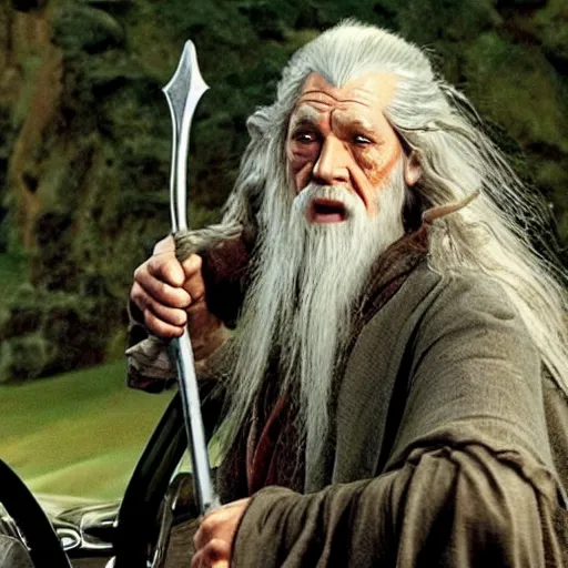 Image similar to Gandalf driving the hobbits to mordor in a station wagon