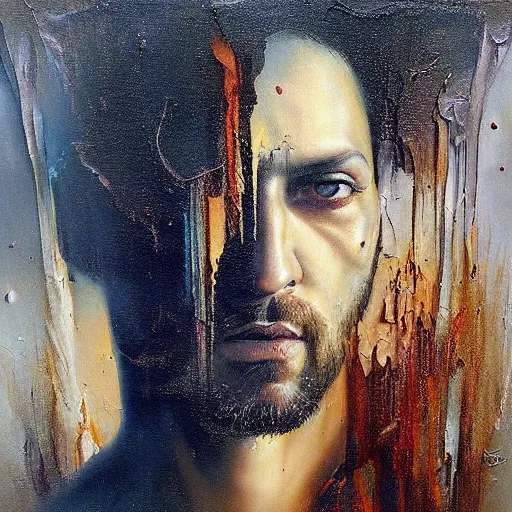 Prompt: a rugged man standing, ethereal, painting by karol bak